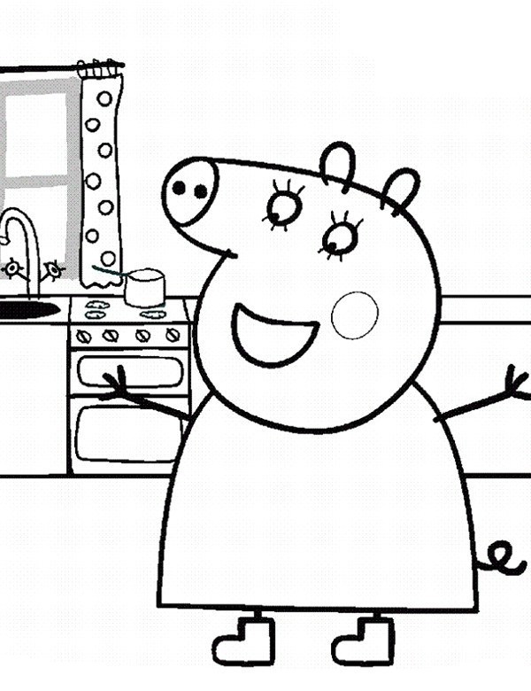 Online coloring book: Coloring book mom pig in the kitchen